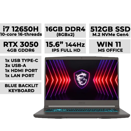 MSI Thin 15 B12UC-1432PH Gaming Laptop 15.6" IPS 144Hz | i7-12650H | 16GB | 512GB NVMe | RTX 3050 4GB